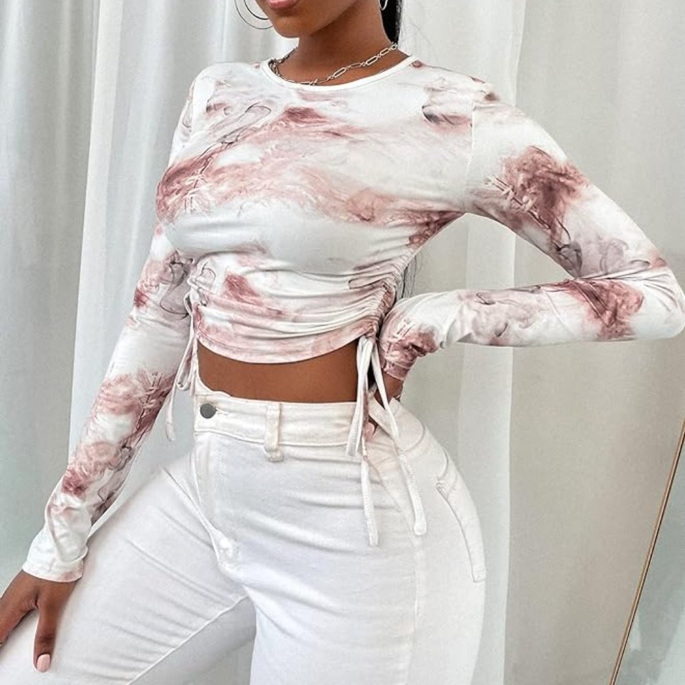 Marble Print Crop Tee Drawstring Knot Side Top - image 1